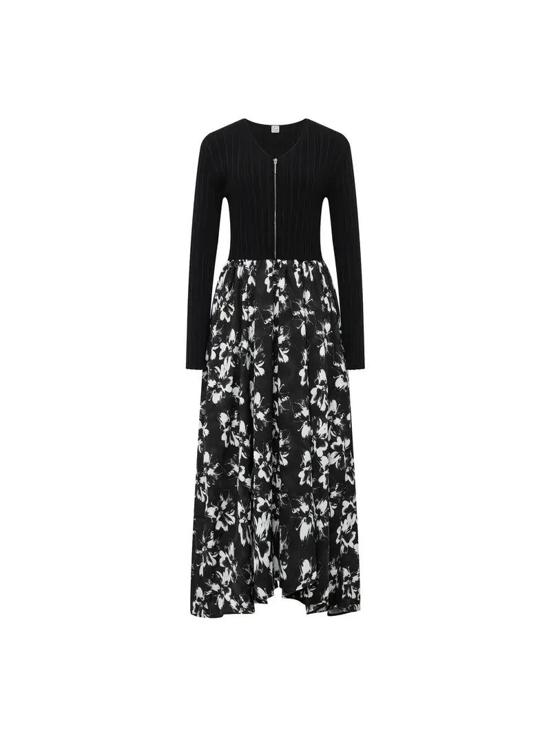 Elegant Floral Midi Dress - V-Neck, Long Sleeve, Pleated Design with Black and White Floral Pattern