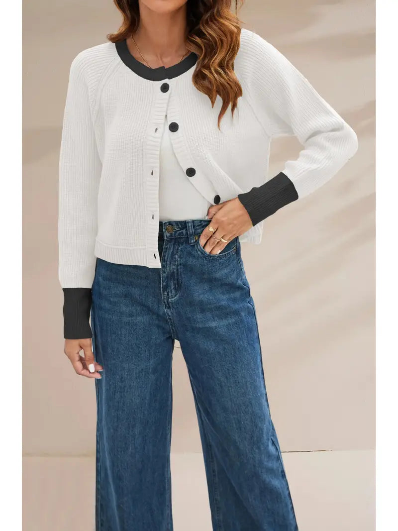 Women'S Winter Warm Round Neck Single-Breasted Contrast Color Cardigan Coat - Navy Blue & Light Blue Button-Front Closure