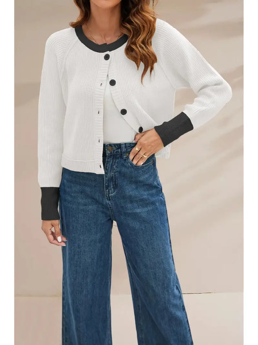 Women'S Winter Warm Round Neck Single-Breasted Contrast Color Cardigan Coat - Navy Blue & Light Blue Button-Front Closure