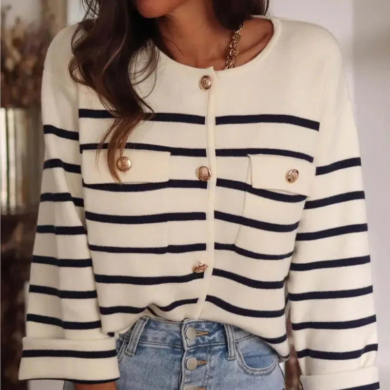 Women'S Black & White Horizontal Stripe Cardigan - Button-Front Closure Coat with Round Neck, Soft Warm Sweater Jacket for Fall/Winter