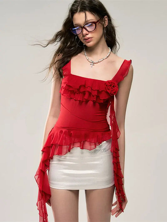 Women'S Red Ruffle Trim Cami Top with 3D Floral Mesh Detail - Sleeveless, Round Neck, Summer Casual Wear