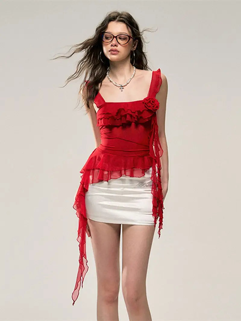 Women'S Red Ruffle Trim Cami Top with 3D Floral Mesh Detail - Sleeveless, Round Neck, Summer Casual Wear