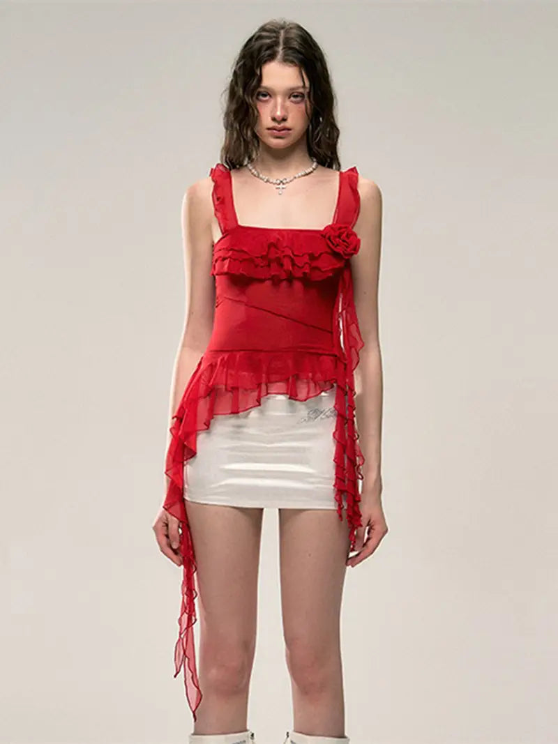Women'S Red Ruffle Trim Cami Top with 3D Floral Mesh Detail - Sleeveless, Round Neck, Summer Casual Wear