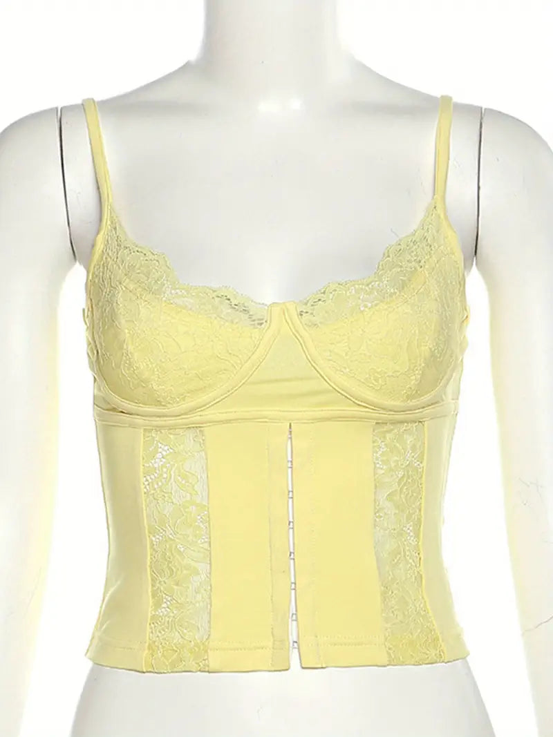 Lace V-Neck Camisole Top, Sheer Polyester Knit Fabric, Sleeveless Backless Sexy Tank Crop Vest for Women