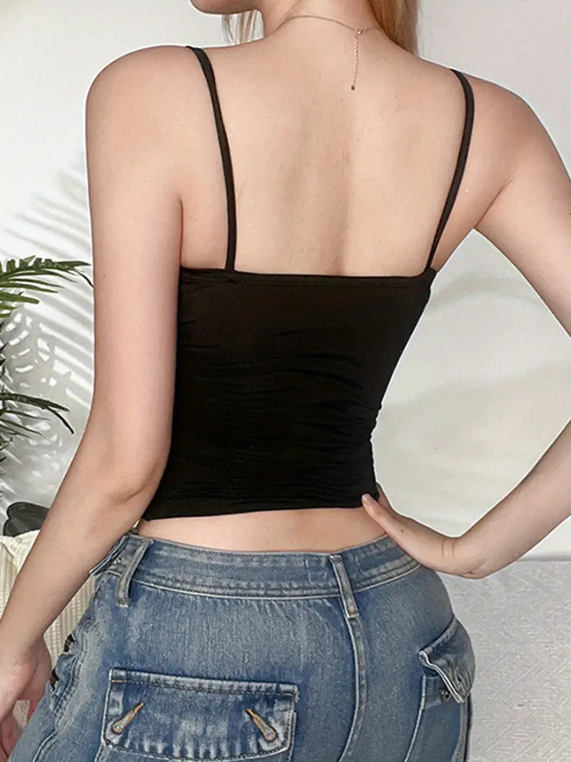 Lace V-Neck Camisole Top, Sheer Polyester Knit Fabric, Sleeveless Backless Sexy Tank Crop Vest for Women