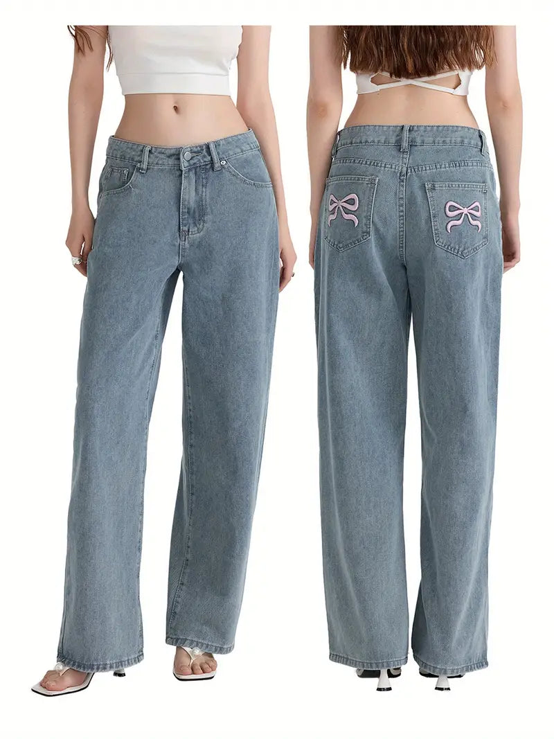 1pc Women'S Casual Wide Leg Jeans - Cotton Blend, Solid Color, All-Season, Woven, Raw Wash, Low Waist with Bow Detail