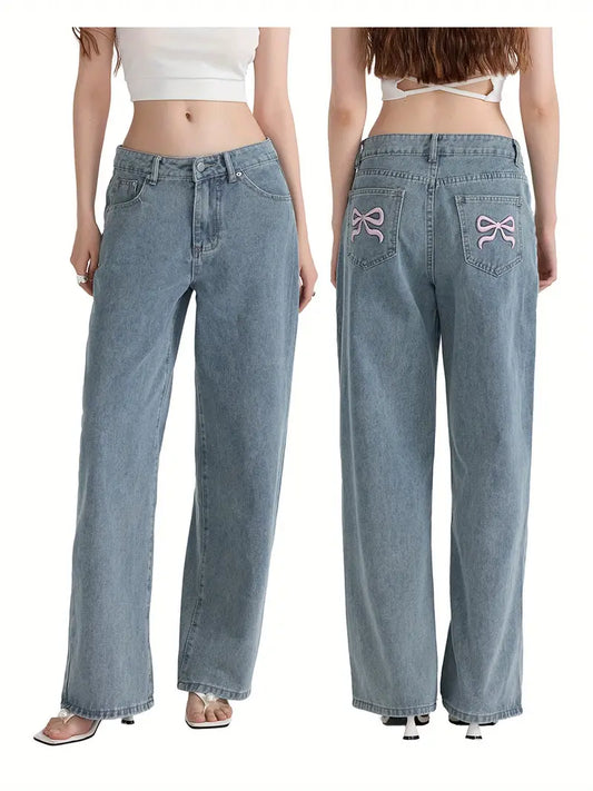 1pc Women'S Casual Wide Leg Jeans - Cotton Blend, Solid Color, All-Season, Woven, Raw Wash, Low Waist with Bow Detail