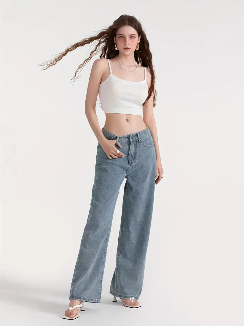 1pc Women'S Casual Wide Leg Jeans - Cotton Blend, Solid Color, All-Season, Woven, Raw Wash, Low Waist with Bow Detail