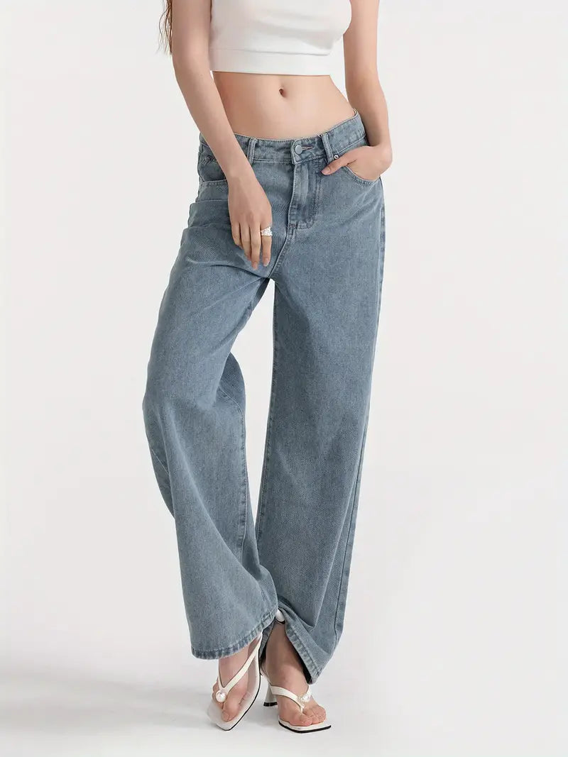 1pc Women'S Casual Wide Leg Jeans - Cotton Blend, Solid Color, All-Season, Woven, Raw Wash, Low Waist with Bow Detail