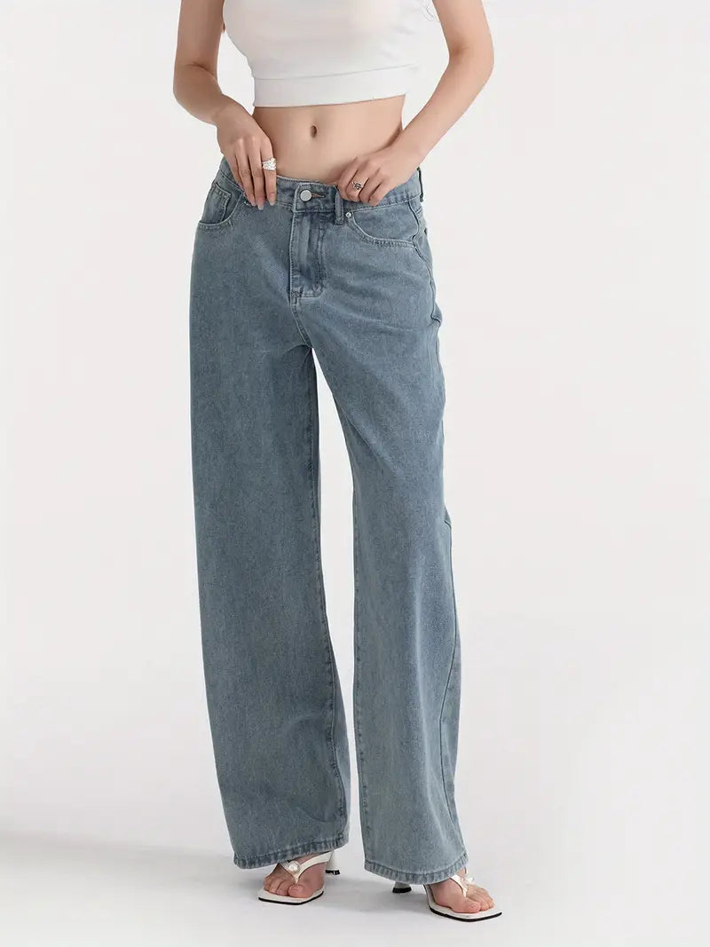 1pc Women'S Casual Wide Leg Jeans - Cotton Blend, Solid Color, All-Season, Woven, Raw Wash, Low Waist with Bow Detail
