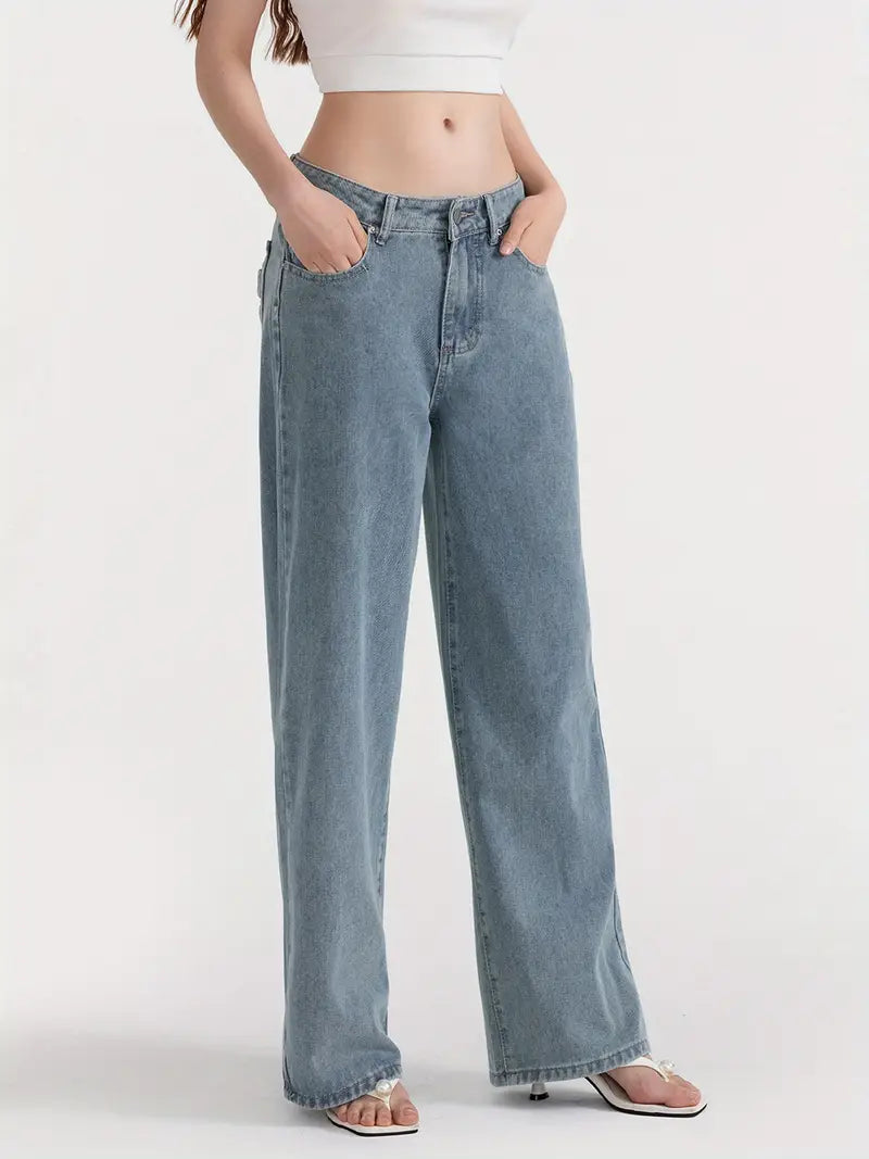 1pc Women'S Casual Wide Leg Jeans - Cotton Blend, Solid Color, All-Season, Woven, Raw Wash, Low Waist with Bow Detail