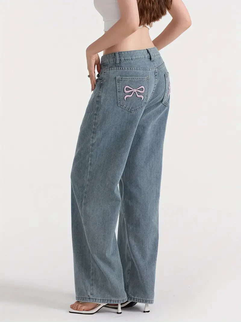 1pc Women'S Casual Wide Leg Jeans - Cotton Blend, Solid Color, All-Season, Woven, Raw Wash, Low Waist with Bow Detail
