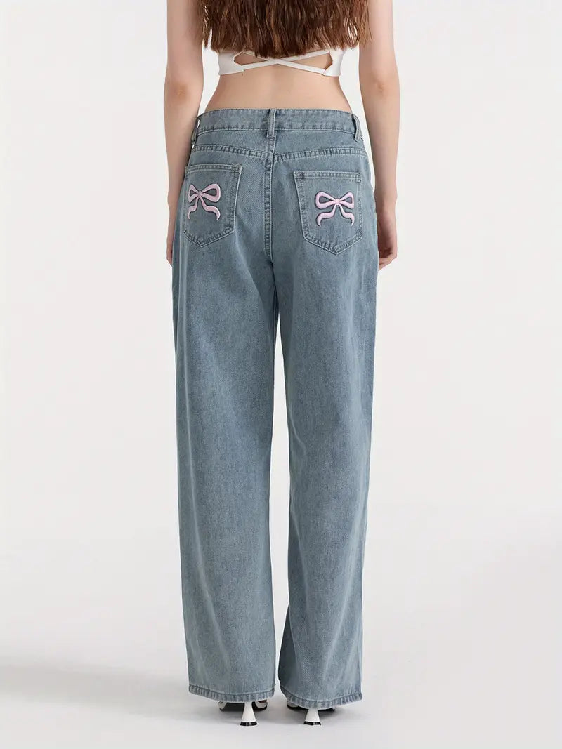 1pc Women'S Casual Wide Leg Jeans - Cotton Blend, Solid Color, All-Season, Woven, Raw Wash, Low Waist with Bow Detail