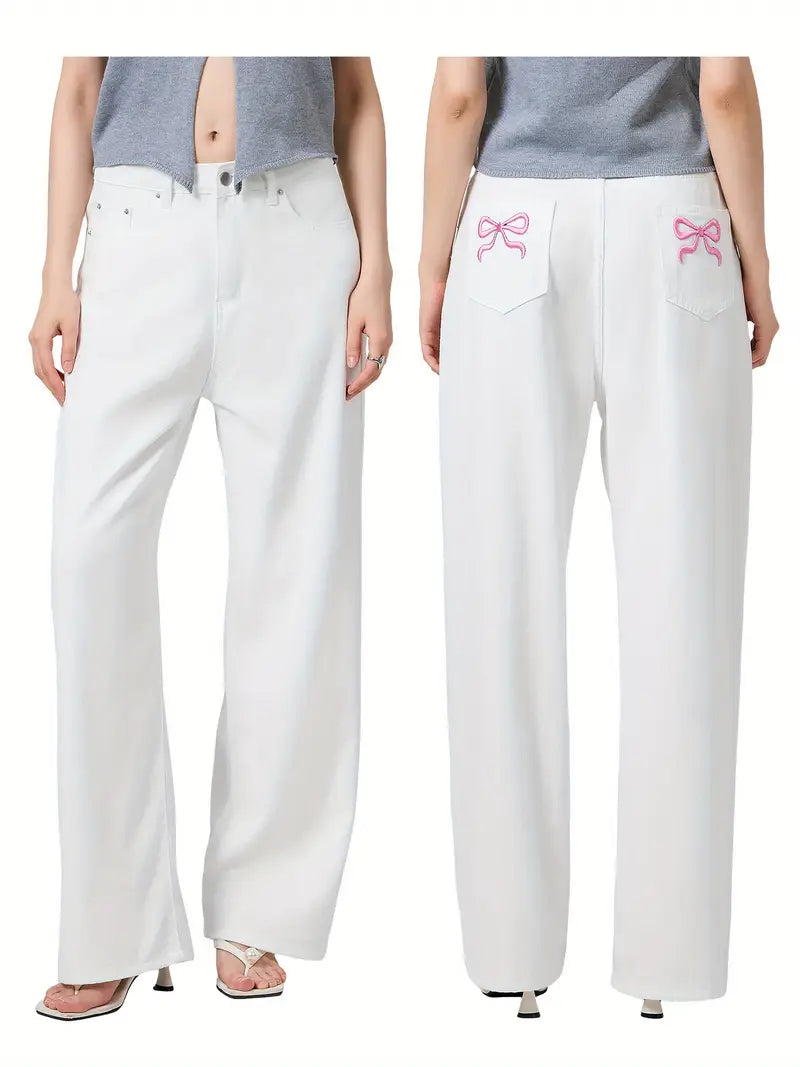 1pc Women'S Casual Wide Leg Jeans - Cotton Blend, Solid Color, All-Season, Woven, Raw Wash, Low Waist with Bow Detail