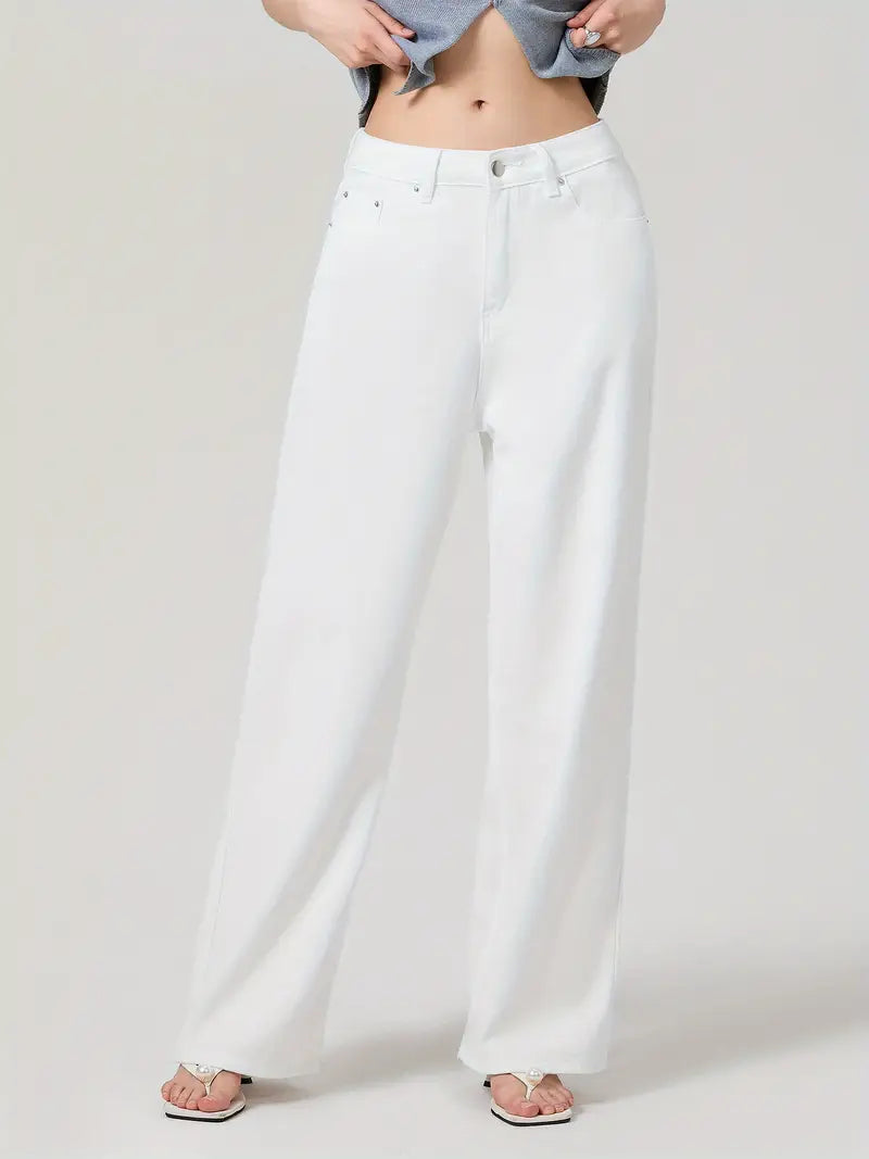 1pc Women'S Casual Wide Leg Jeans - Cotton Blend, Solid Color, All-Season, Woven, Raw Wash, Low Waist with Bow Detail