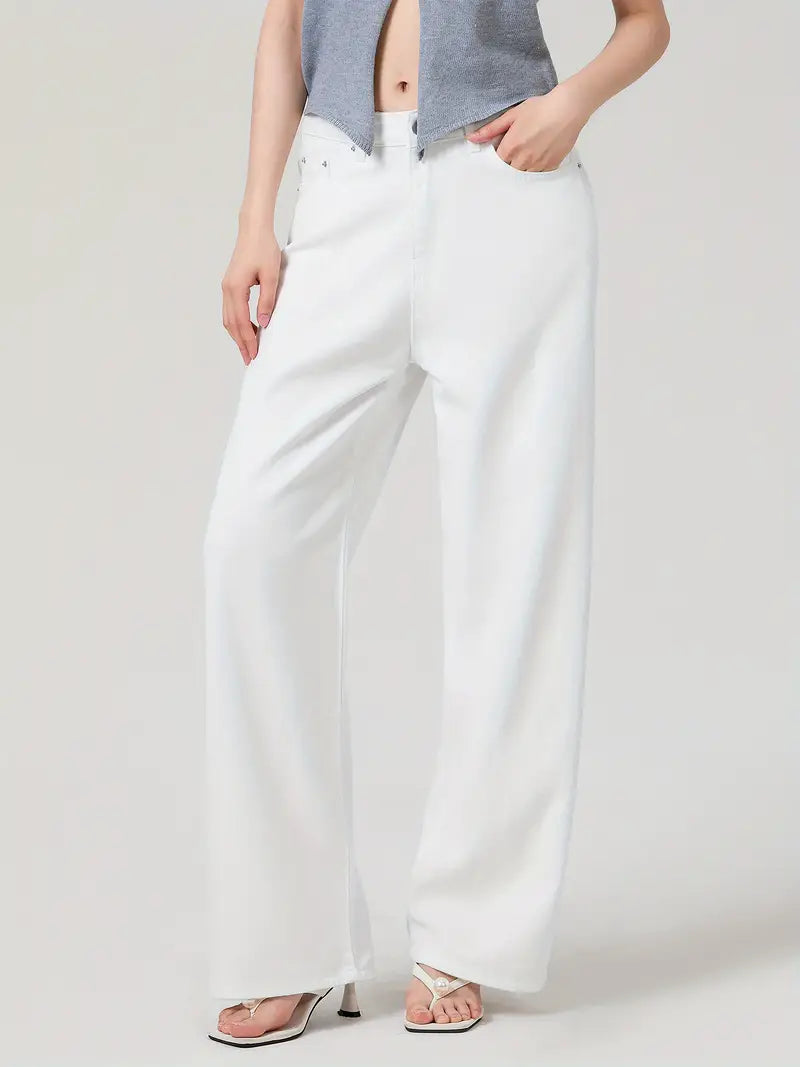 1pc Women'S Casual Wide Leg Jeans - Cotton Blend, Solid Color, All-Season, Woven, Raw Wash, Low Waist with Bow Detail