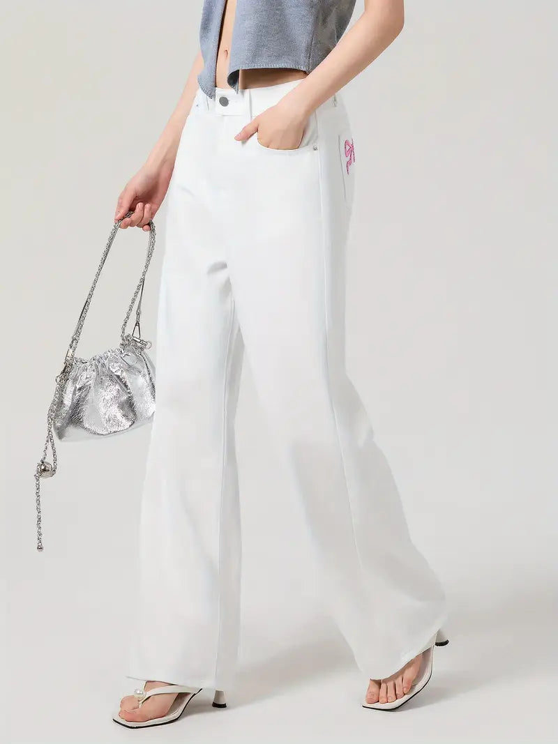 1pc Women'S Casual Wide Leg Jeans - Cotton Blend, Solid Color, All-Season, Woven, Raw Wash, Low Waist with Bow Detail