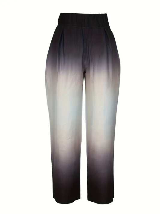 Women's Elegant Ombre Wide-Leg Pants - High Waist with Front Bow Detail, Black to Gray Gradient, Flowing Design