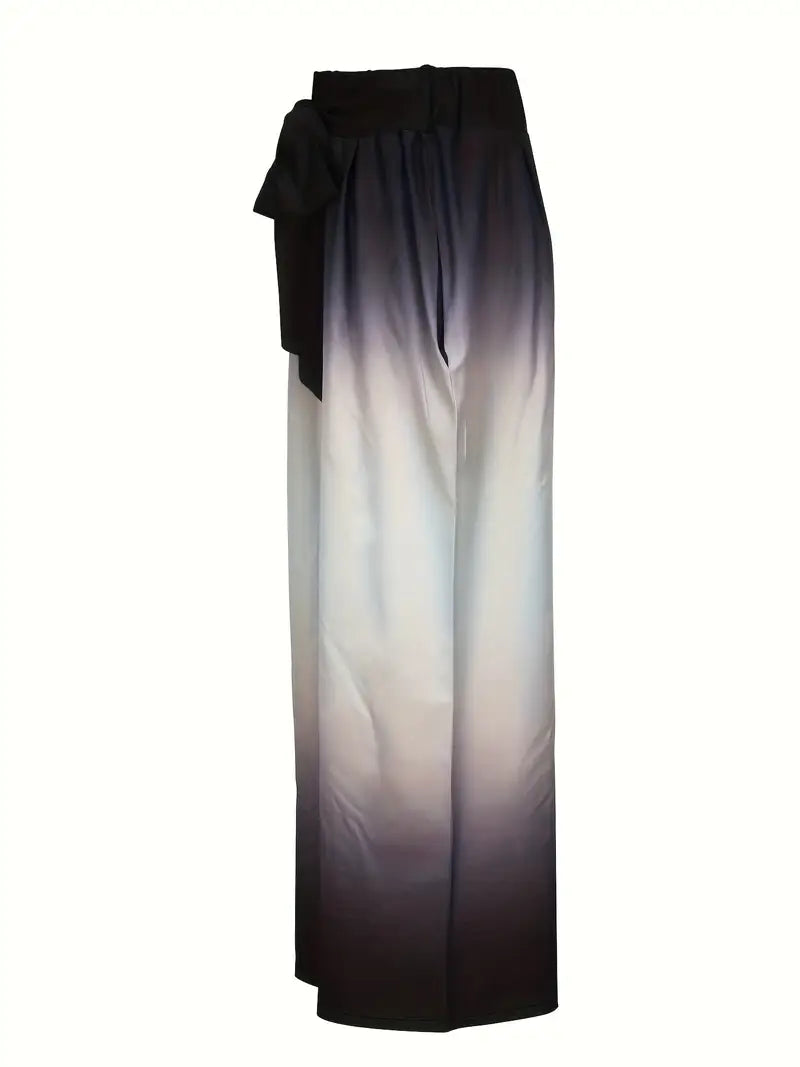 Women's Elegant Ombre Wide-Leg Pants - High Waist with Front Bow Detail, Black to Gray Gradient, Flowing Design