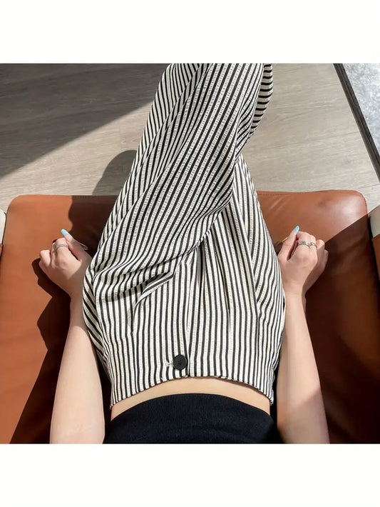 Women'S High-Waist Striped Slouchy Pants - Loose Fit, Wide-Leg Design, Drape Fabric, Black & White Vertical Stripes