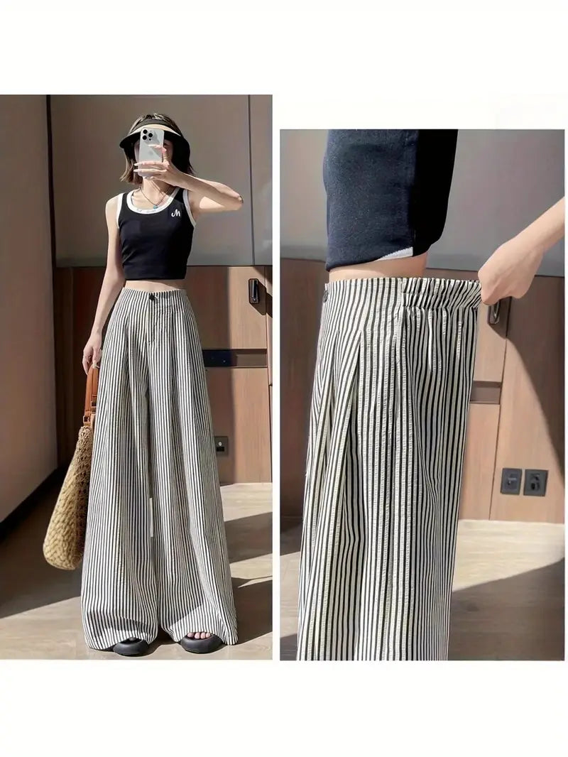 Women'S High-Waist Striped Slouchy Pants - Loose Fit, Wide-Leg Design, Drape Fabric, Black & White Vertical Stripes