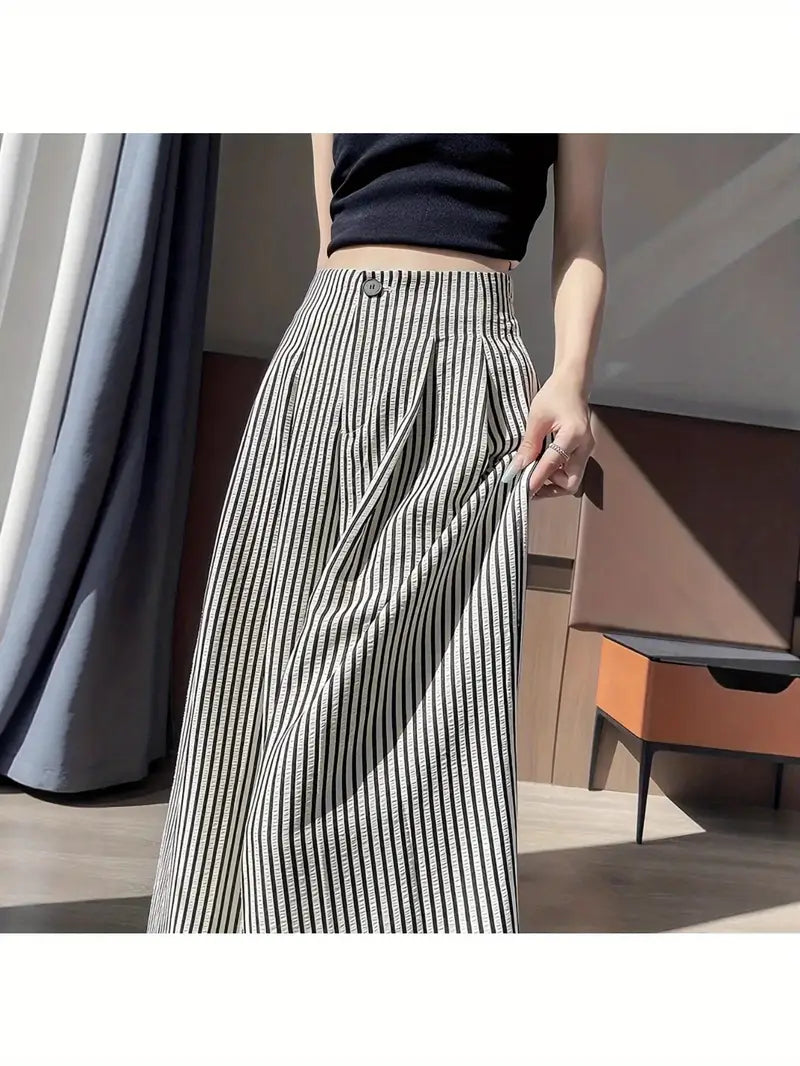 Women'S High-Waist Striped Slouchy Pants - Loose Fit, Wide-Leg Design, Drape Fabric, Black & White Vertical Stripes