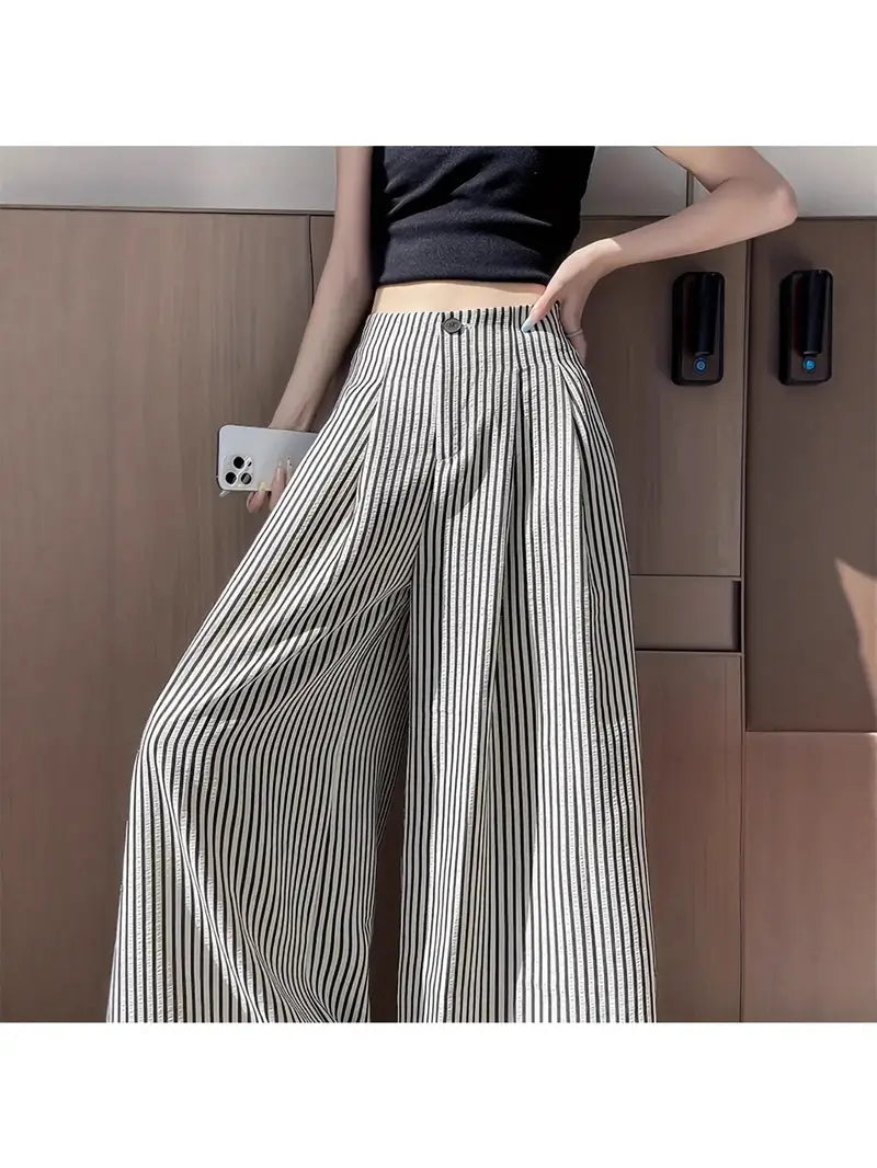 Women'S High-Waist Striped Slouchy Pants - Loose Fit, Wide-Leg Design, Drape Fabric, Black & White Vertical Stripes