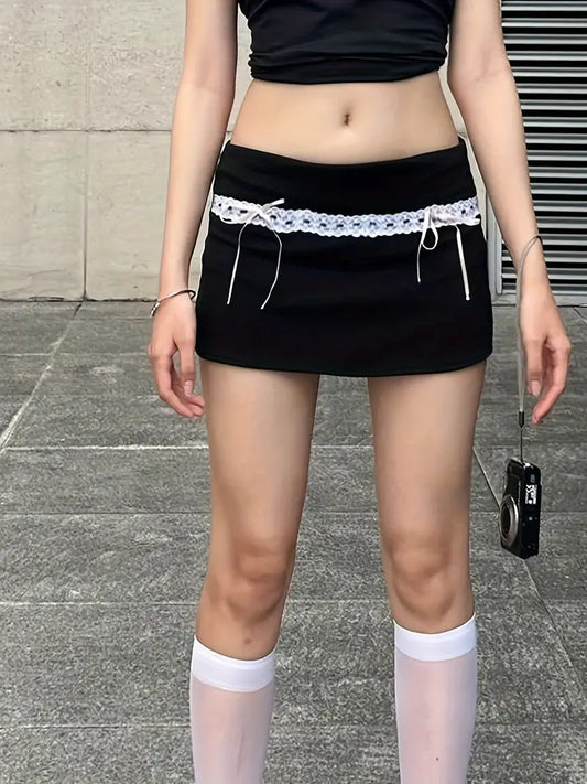 Chic Lace-Trim Bow Bodycon Mini Skirt for Women