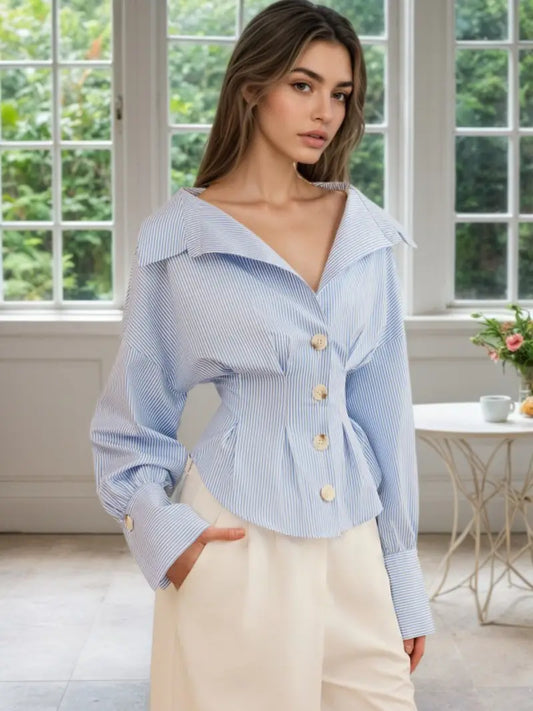 Women's Elegant Light Blue & White Striped Puff Sleeve Blouse - Structured Collar Long Sleeve Top