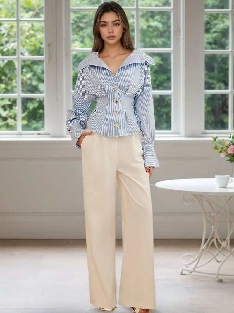 Women's Elegant Light Blue & White Striped Puff Sleeve Blouse - Structured Collar Long Sleeve Top