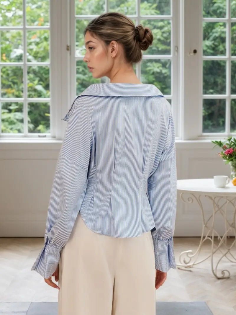 Women's Elegant Light Blue & White Striped Puff Sleeve Blouse - Structured Collar Long Sleeve Top